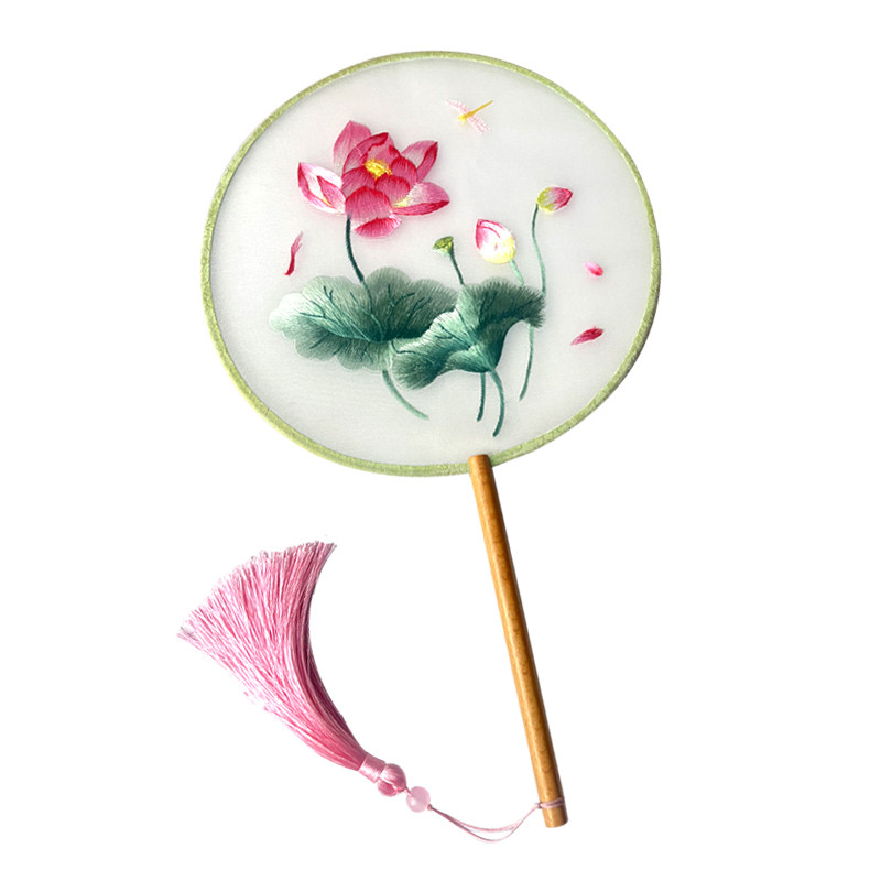 蘇州刺繍シルク扇子 - 蓮の花のデザイン、中国風手持ち扇子