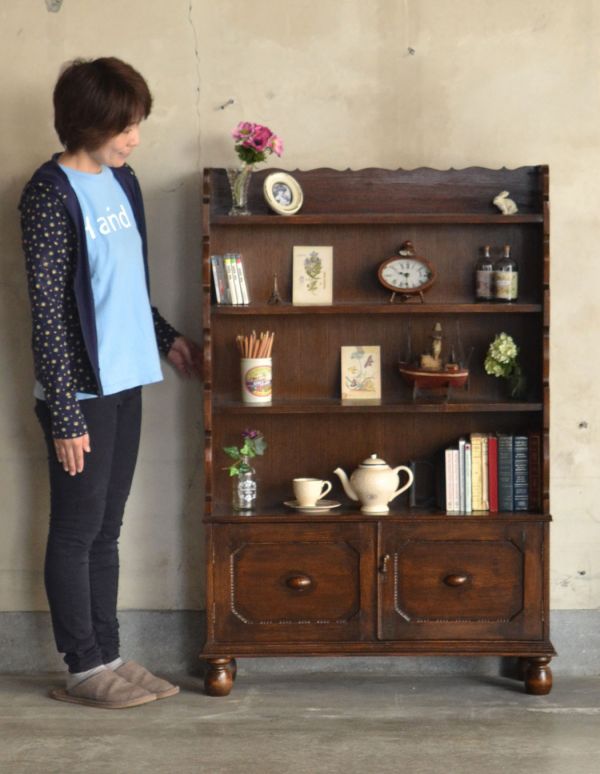 ダークブラウンのアンティーク家具、英国のブックシェルフ（本棚）(q