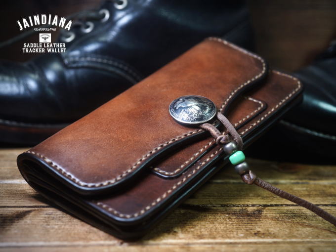 ハンドメイド]トラッカーウォレット ブライドル黒コンチョ180×95 小カン