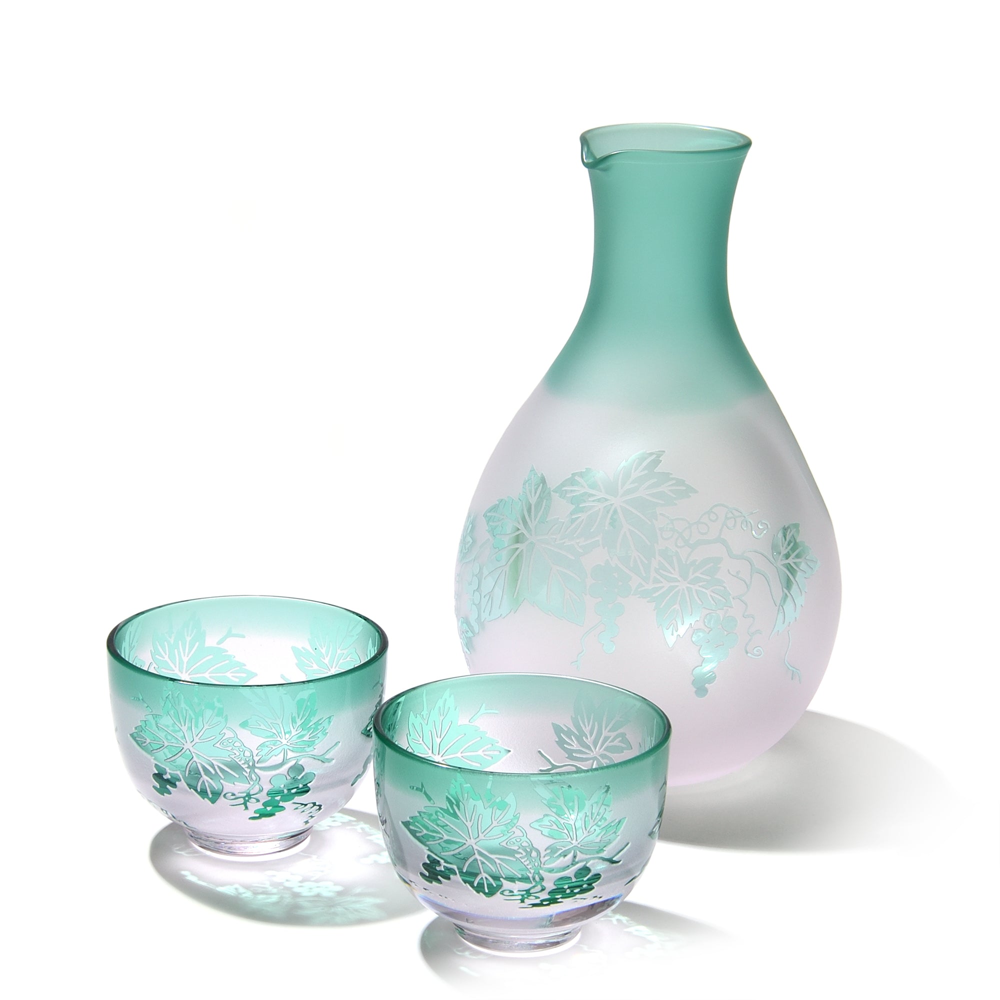 彫刻 夢柄子 ぶどう紋 酒器三点揃 ピンク/グリーン ぐい呑80ml