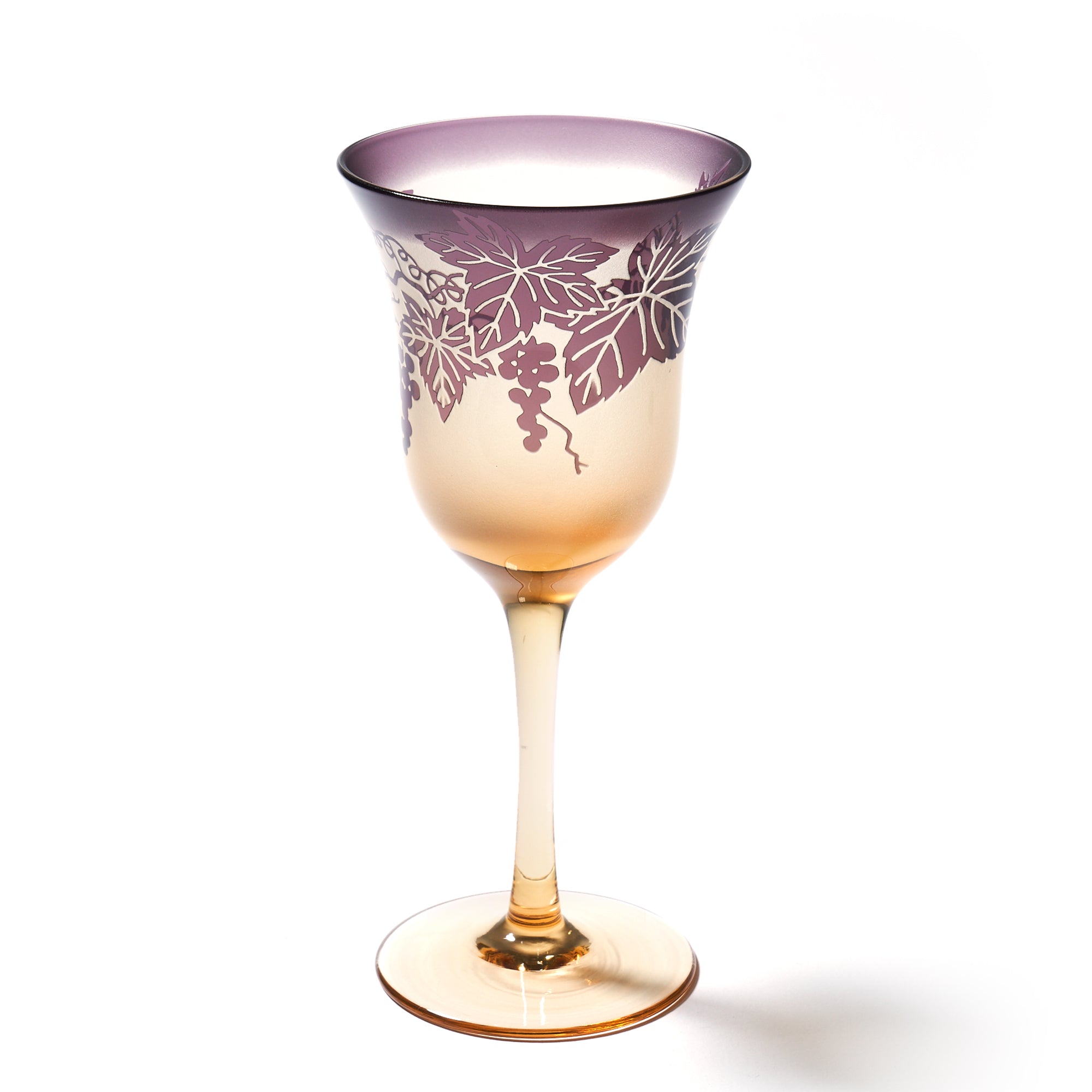 彫刻 夢柄子 ぶどう紋 ワイングラス アンバー/パープル ｜江戸切子