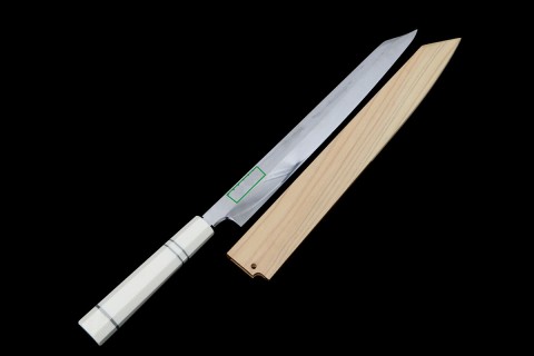 特別作 柳刃包丁 尺 本焼 青鋼 鏡面 水牛朴八角柄 白鞘付 【O799