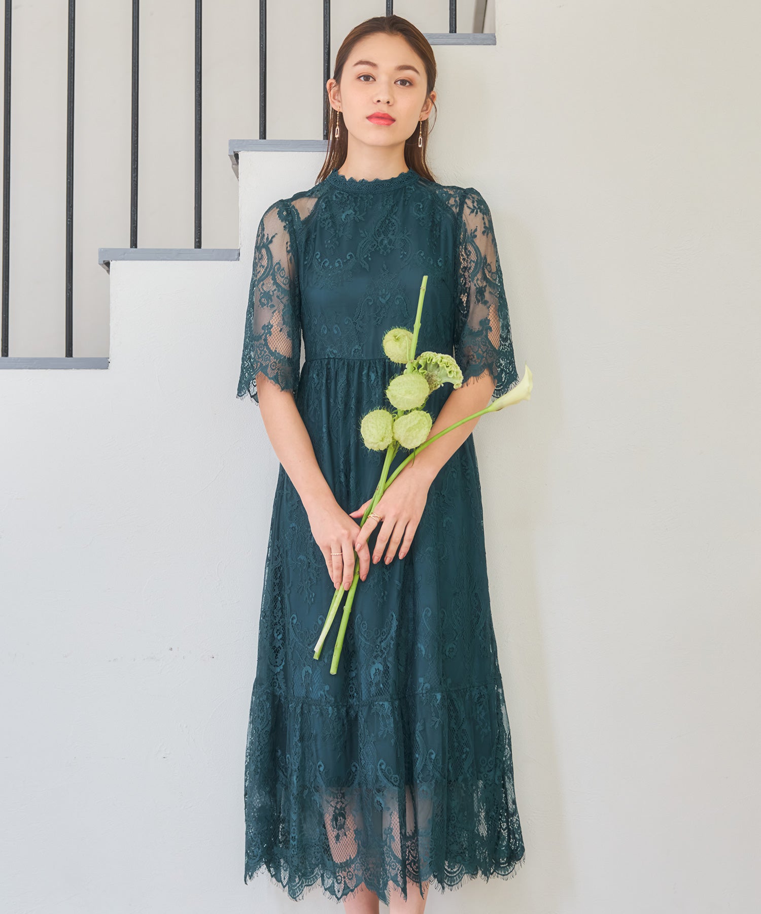 レーススタンドカラーワンピースドレスパーティードレス グリーン