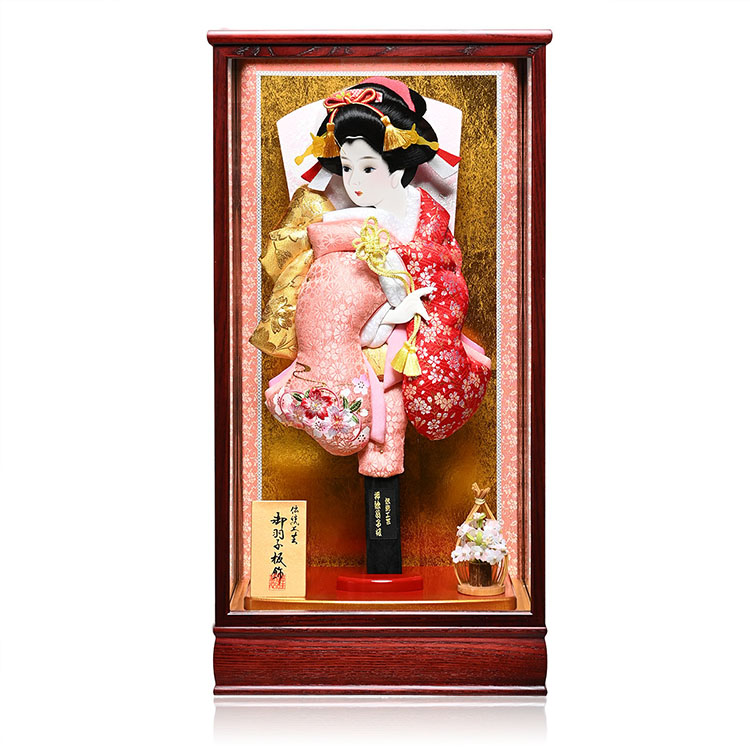 15号花駕籠：桜刺繍＆桜柄金襴振袖押絵羽子板手毬付ケース：伏見屋監修