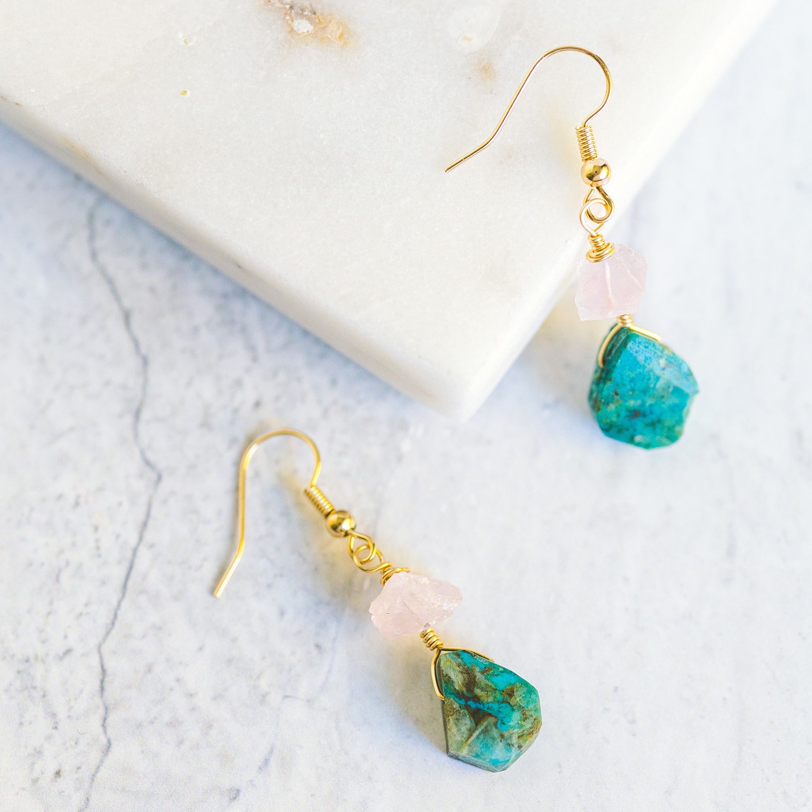 Wire Wrapped Earrings - Chrysocolla and Rose Quartz – Giving Bracelets