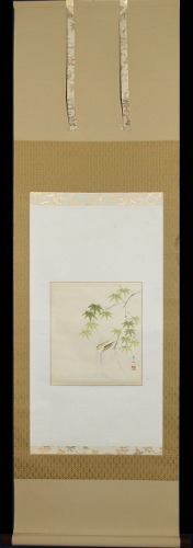 須磨夏郷「若楓に鹿威し図」：B-2492[掛け軸]古美術谷口