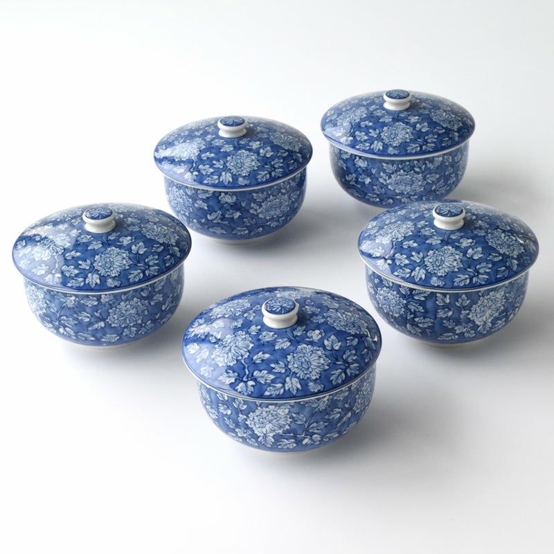 シリーズ以外・その他 染牡丹 蓋付お茶呑茶碗（木箱入）〈5客〉 美濃焼