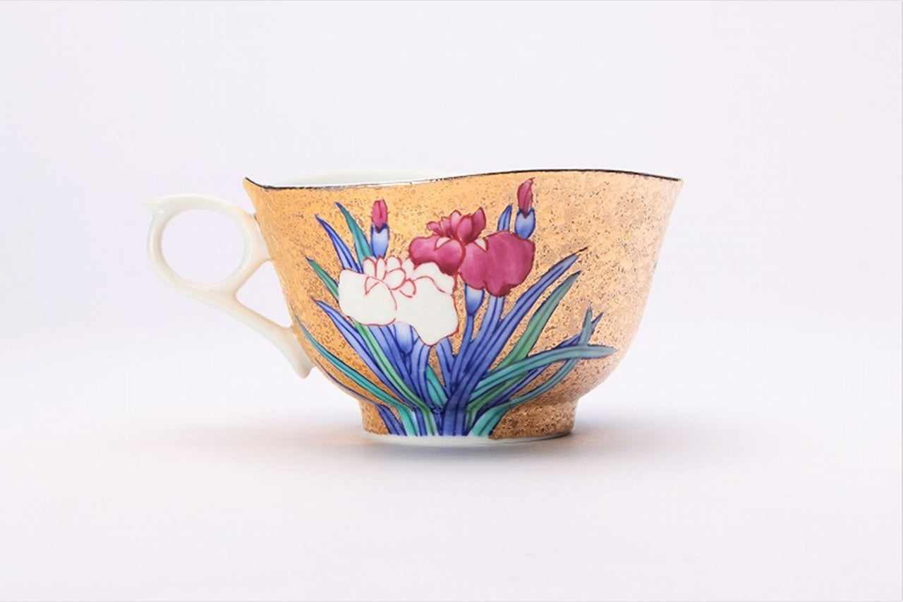 カフェ用品 「コーヒー碗 金彩 菖蒲 木箱付」 金龍窯 江口天童 有田焼