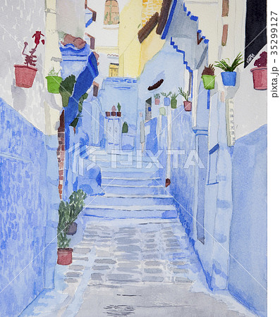青い街 モロッコ シャウエン 水彩画のイラスト素材 [35299127] - PIXTA