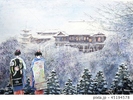 京都観光 世界遺産 清水寺の雪景色 舞妓さんのイラスト素材 [45194578