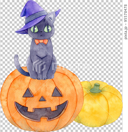 ハロウィン】ジャックオランタンの上に座る魔女の帽子をかぶった黒猫と