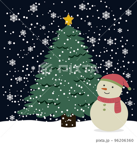 雪降る夜のクリスマスツリーと雪だるまのイラスト素材 [96206360] - PIXTA