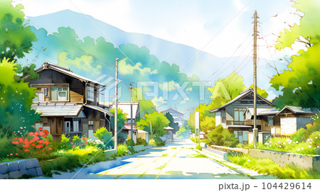 ノスタルジックな日本の田舎の風景の水彩イラスト「AI生成画像」の