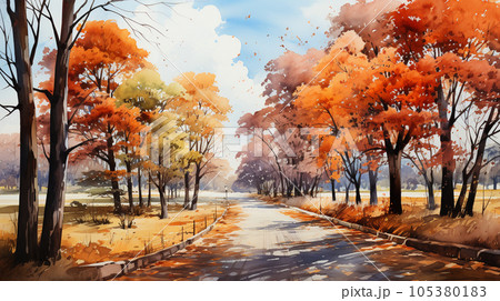 秋の公園：木々が色づいている水彩画のイラスト素材 [105380183] - PIXTA