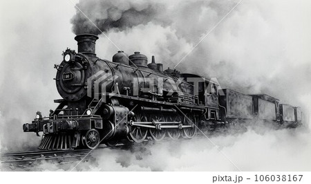 古い蒸気機関車のモノクロイラスト Generative AIのイラスト素材