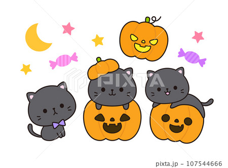 ハロウィン 黒猫とカボチャのおばけのイラスト素材 [107544666] - PIXTA