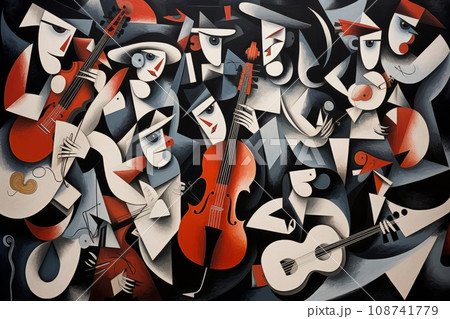 キュビズムスタイルで描かれた音楽家たち AI画像のイラスト素材