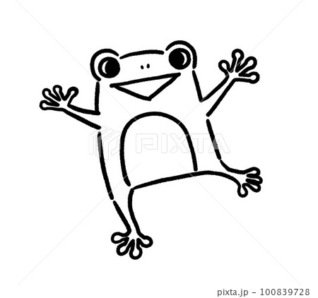 ジャンプする楽しそうなカエルの線画イラストのイラスト素材