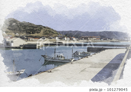 水彩画風 立神岩近くの港 波根東漁港 島根県大田市のイラスト素材