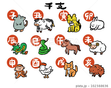 かわいい手描き風の干支のイラストセット(漢字付き)のイラスト素材