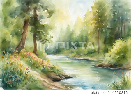 水彩で描いた秋の森の風景画のイラスト素材 [114230813] - PIXTA