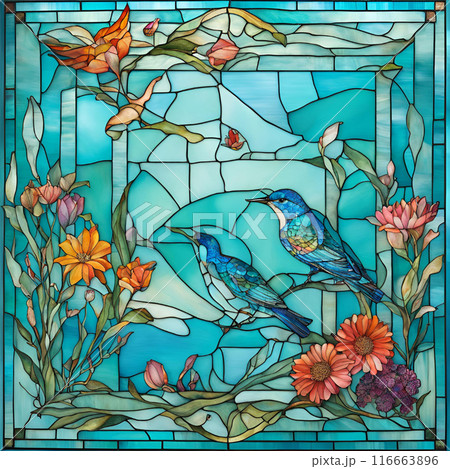 花と青い鳥のステンドグラス風イラストのイラスト素材 [116663896] - PIXTA