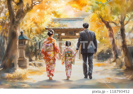 七五三の風景：着物姿の家族と神社での温かなひとときのイラスト素材