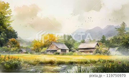 秋の静かな田園風景 茅葺き屋根の古民家と黄金色の稲穂に囲まれた日本