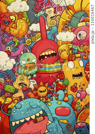カラフルでポップなモンスターたちのグラフィティアートのイラスト素材
