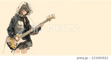 ベースをかき鳴らす少女。水彩画イラストのイラスト素材 [121093922
