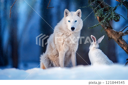 雪の降る森で寄り添うオオカミとうさぎ7のイラスト素材 [121844545
