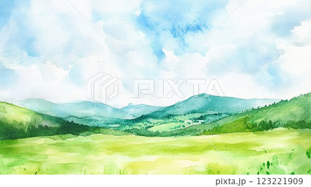 水彩風の美しい緑の丘と青空の風景のイラスト素材 [123221909] - PIXTA