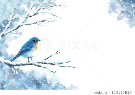 冬の小鳥と雪の結晶を描いた水彩フレーム背景のイラスト素材