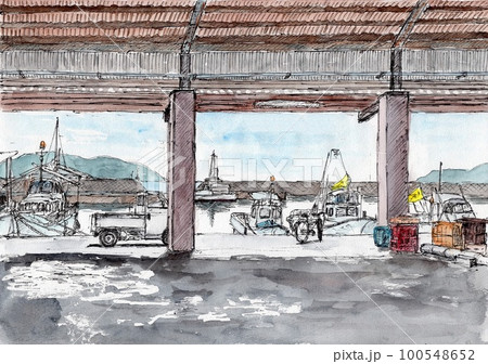 漁港 水彩画のイラスト素材 - PIXTA