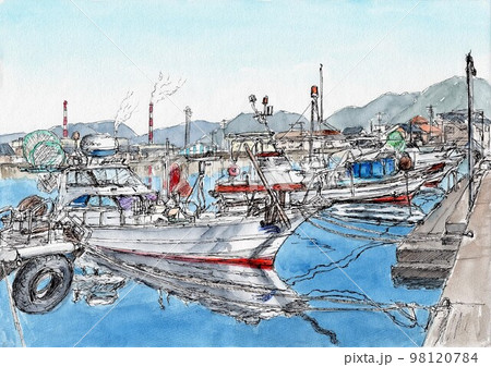 風景 船 水彩画 漁船の写真素材 - PIXTA