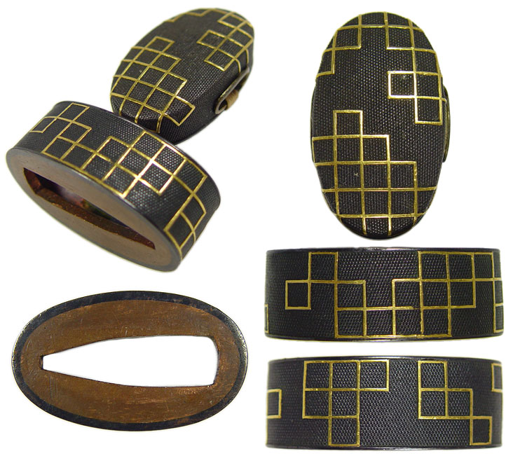 縁頭、銅地台に金着せ布目模様、 縁頭、銅地台に金着せ布目模様、 縁頭