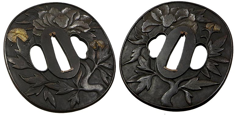 日本刀の鐔・鍔｜鉄地紅白牡丹図｜日本刀専門店・東京【十拳】