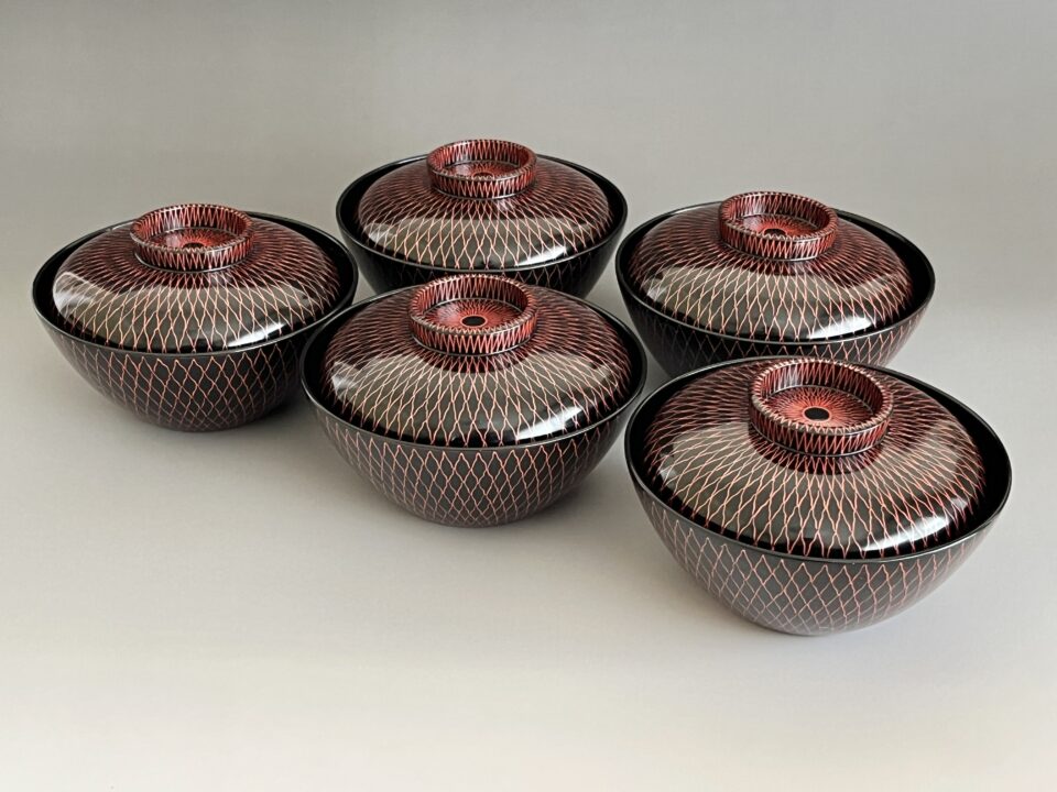 金上保 会津塗 網手 吸物椀 五客 百貨店出展作 懐石 会席 漆器 和食器