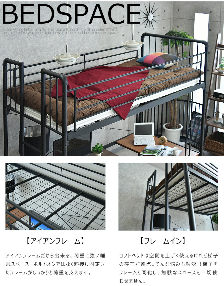 楽天市場】ロフトベッド 180cm高 ロータイプ ベッド パイプベッド