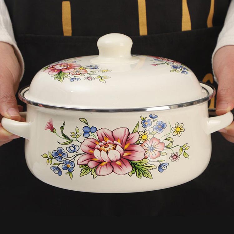 楽天市場】16cm ホーロー鍋 両手鍋 深型 ふた付き IH対応 ガス火 花柄