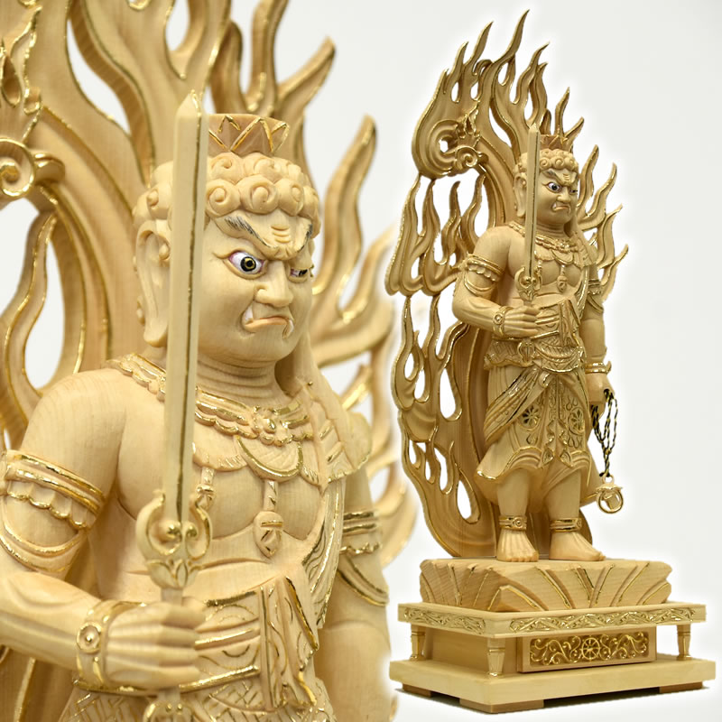 楽天市場】木彫り仏像 【不動明王立像】 火炎光背四角台 桧木立6.0寸