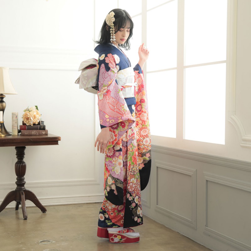 楽天市場】【成人式 振袖 レンタル】RS1551 正絹 紺 道長取に雪輪貝桶