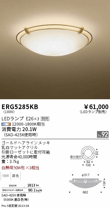 楽天市場】ENDO 遠藤照明 LEDシーリングライト(ランプ別売) ERG5285KB