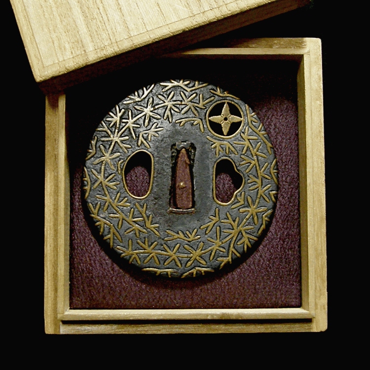 TU-10833 [ 与四郎式真鍮象嵌透かし鐔 ] 小池与四郎作極め 日刀保鑑定書