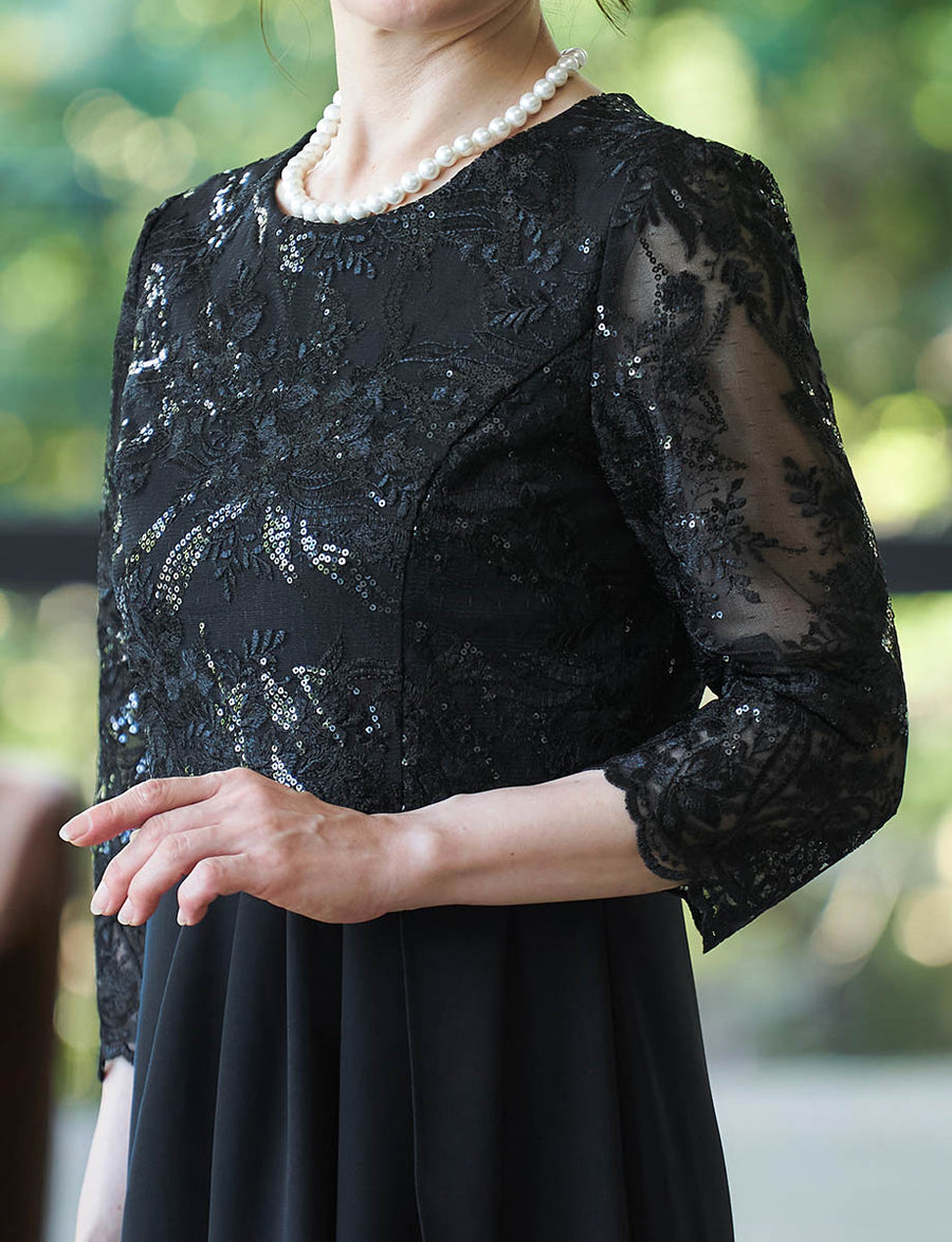 結婚式 母親ドレス ブラック・マザーズドレス レース袖付き MD0508-BK