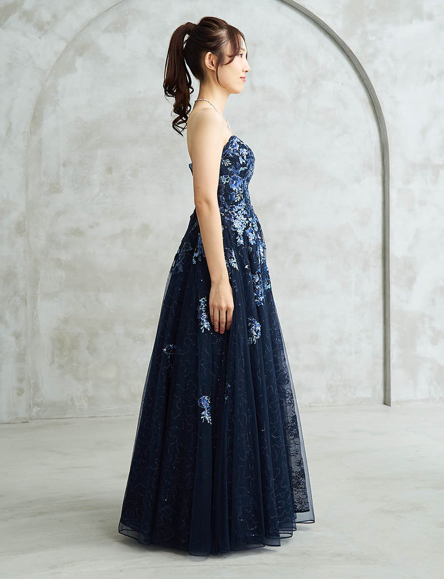 ダークネイビー ロングドレス ベアトップ スパンコールレース チュール