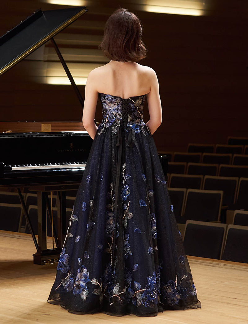 ブラック×ブルー フローラルレース ロングドレス ベアトップ 発表会