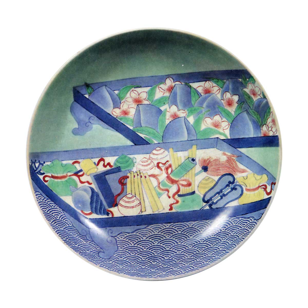 藍鍋島 青磁 色絵 桃宝尽文 七寸皿 | 鶴田 純久の章 お話