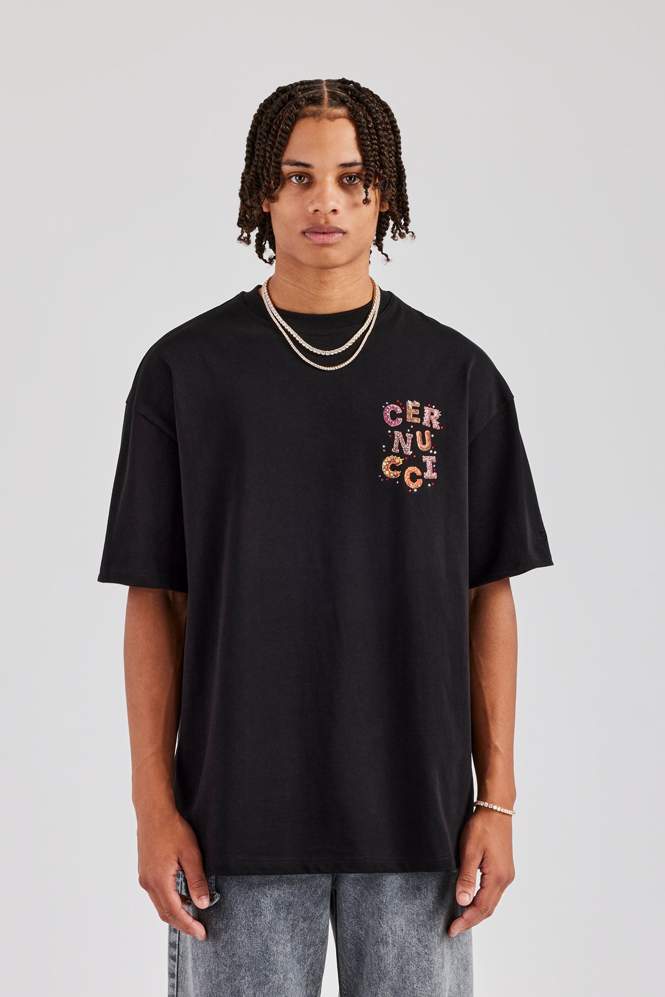 Cernucci Orange Letter Rhinestone Oversized T-Shirt - Black | Mens