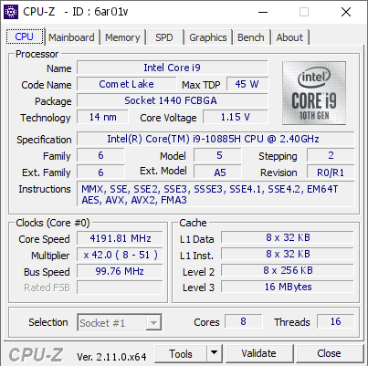 Intel Core i9 @ 4191.81 MHz - CPU-Z VALIDATOR